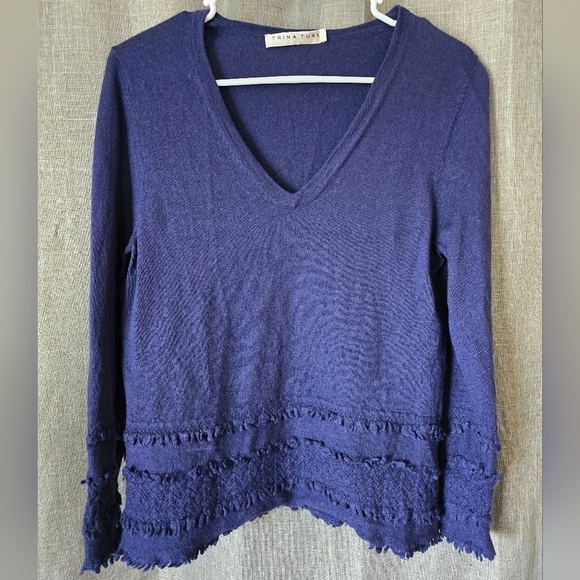 Trina Turk Merino Wool Pointelle Knit Fringe Trim V-Neck Sweater Navy Blue Small - Picture 1 of 5